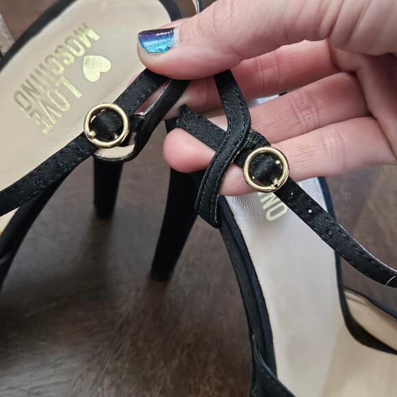 Love Moschino Satin Pom Pom Platform Heels Womens EU 37 US 7 Black Stiletto Y2K - Picture 9 of 12